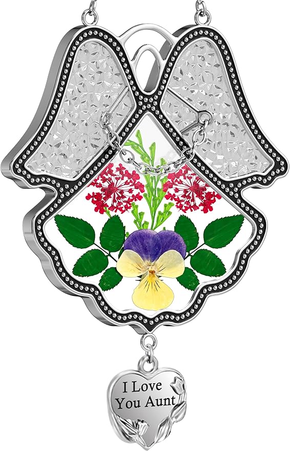 KY&BOSAM Angel Suncatcher I Love You Aunt Stained Glass Panels Suncatchers for Windows Wind Chime with Pressed Flower Glass and Metal Heart Charm Birthdays Gifts for Aunt Mothers Day Garden Decor
