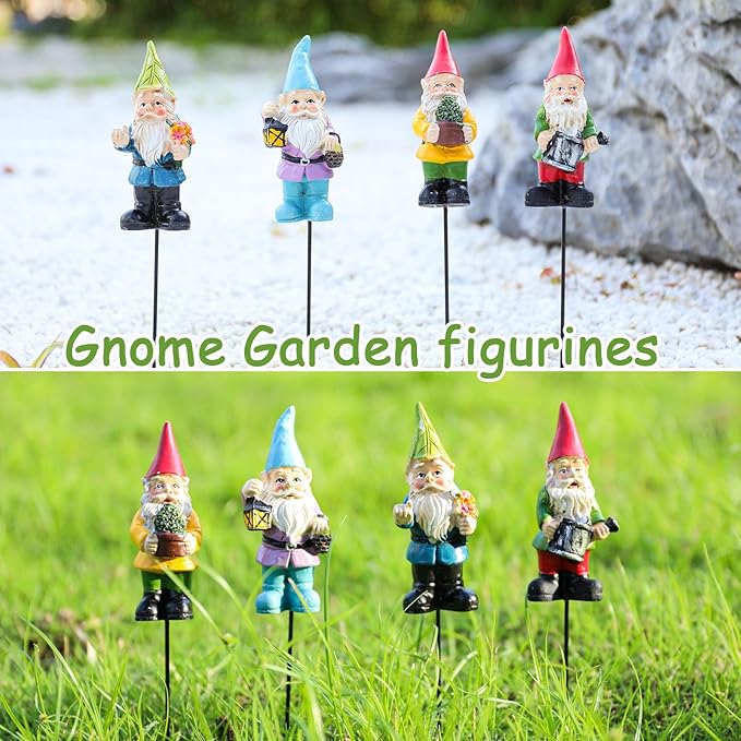 Garden Gnome Statue, Resin Miniature Gnome Set of 4PCS, Figurine with Garden Stakes for Lawn Patio Yard Outdoor Home Decor
