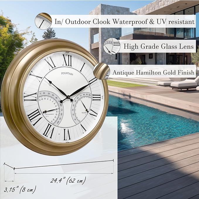24 Inch in/Outdoor Wall Clock with Temperature and Humidity Combo, Large Outdoor Clock for Patio Large Waterproof with Thermometer,Antique Hamilton Gold Metal