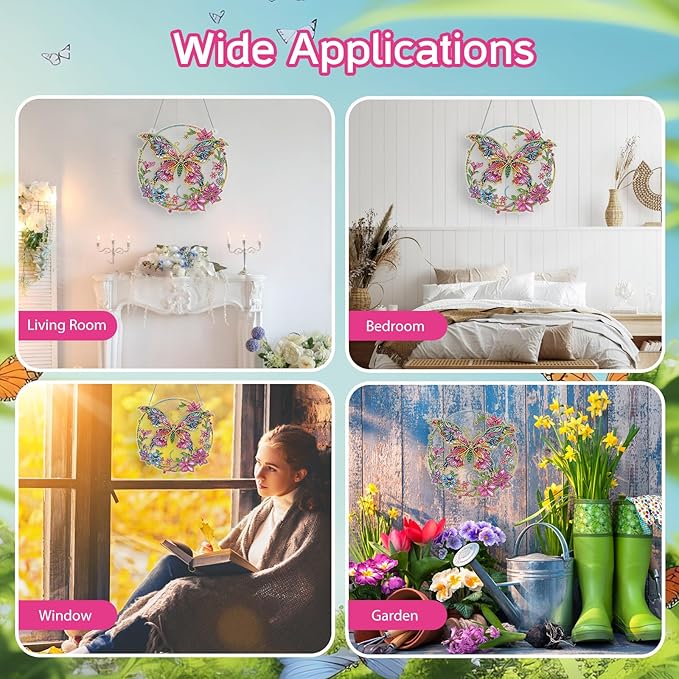 RDCREW DIY Butterfly Diamond Art Wreath Kits - Special Shaped Rhinestone Diamond Painting Suncatcher Hanging Ornament Window Pendants Gift for Home Garden Wall Indoor Outdoor Decor, Small