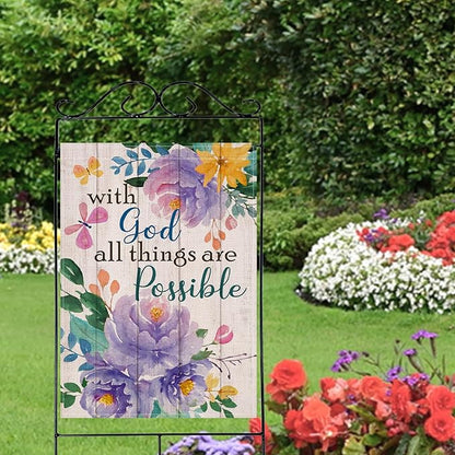 Artofy with God All Things are Possible Christian Large Decorative House Flag, Spring Summer Religious Purple Peony Flower Yard Garden Outside Decor, Inspirational Farm Outdoor Home Decoration 28 x 40