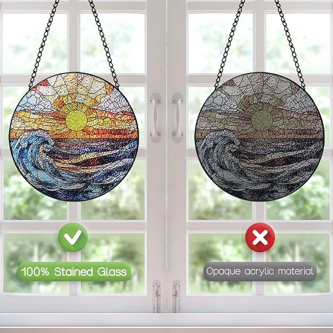 Stained Glass Window Hanging, 8 Inch Ocean Waves Suncatcher, Sun Catchers Indoor Window, Beach Suncatchers for Windows Hanging, Spring Home Garden Decor Panel Mothers Day Birthday Gift for Mom Grandma