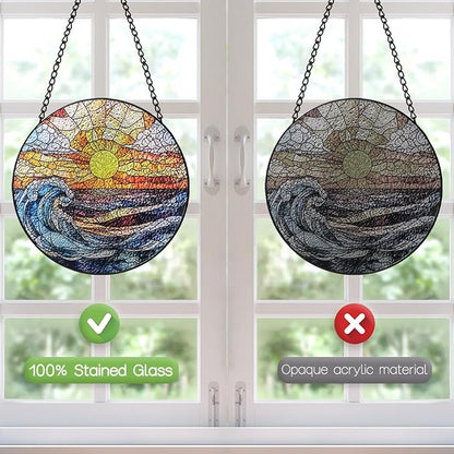 Stained Glass Window Hanging, 8 Inch Ocean Waves Suncatcher, Sun Catchers Indoor Window, Beach Suncatchers for Windows Hanging, Spring Home Garden Decor Panel Mothers Day Birthday Gift for Mom Grandma