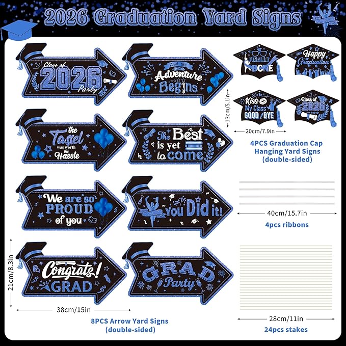 12PCS 2026 Graduation Yard Sign for Outdoor Pathway,Graduation Cap Hanging Yard Signs,Black Blue This Way Yard Signs with Stakes Ribbon,Class of 2026 Grad Party Decoration for College High School