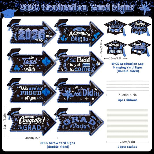 12PCS 2026 Graduation Yard Sign for Outdoor Pathway,Graduation Cap Hanging Yard Signs,Black Blue This Way Yard Signs with Stakes Ribbon,Class of 2026 Grad Party Decoration for College High School