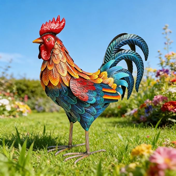 Shorayn Metal Rooster Statues Outdoor Garden Decor Metal Chicken Sculptures & Statues Chicken Ornaments Yard Art for Backyard Patio Lawn Decorations