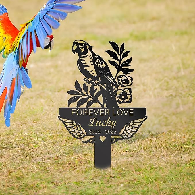 Custom Parrot Memorial Stake, Parrot Loss Gift, Sympathy Sign, Metal Pet Grave Markers, Remembrance Stake, Outdoor Garden Decor, Pet Headstone, Memorial Plaque for Outdoors
