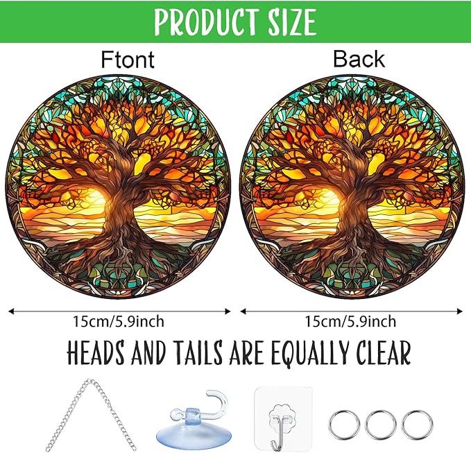 Tree of Life Stained Glass Suncatcher Nature Round Big Trees and Sunset Suncatcher Hanging Decoration with Metal Chain-SunCatchers for Window Decor Outdoor Garden Decor Gift,1PC
