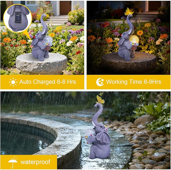 MuliVid Elephant Garden Statue Solar Lights Outdoor Garden Decor for Patio, Yard, Lawn, Balcony Elephant Decor Birthday Gifts for Women Mom Grandma Animal Lovers