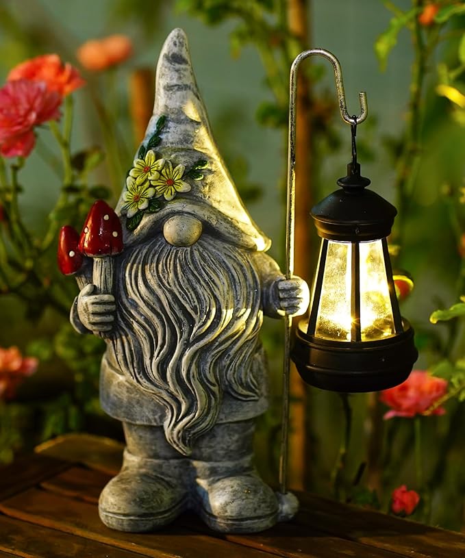 Garden Gnome with Solar Lantern: Outdoor Statue Decorations for Home Yard Lawn Balcony Patio Porch - Mothers Day Gifts for Mom Women Grandma