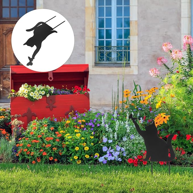 Yardwe Metal Cat Garden Statue Outdoor Animal Decoration 14.56X9.44In Black Cat Ornament for Patio Lawn Backyard