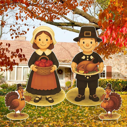 DoubleFill 4 Pcs Thanksgiving Pilgrim Boy and Girl Yard Sign Fall Turkey Lawn Stakes Happy Thanksgiving Decoration Outdoor Harvest Party Supplies
