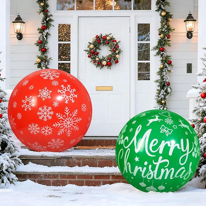 2 PCS 32 Inch Large Christmas Inflatable Balls Outdoor Inflatable Christmas Ball Ornaments for Xmas Garden Lawn Yard Holiday Front Door Window Decoration
