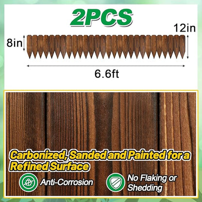 Rustic Pine Wood Garden Fence - 13.2ft Total Length (2pcs 6.6ft L*12in H) Easy to Install Sturdy Wooden Landscape Edging Border, No Fading Planter Fencing for Yard Flower Bed Lawns Pathway Tree