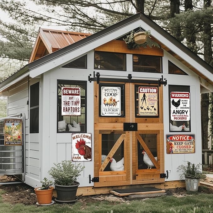 Chicken Signs, Funny Chicken Coop Sign Beware of The Tiny Raptors Metal Tin Sign Chicken Coop Accessories Outdoor Chicken Farm Sign Yard Decor Gifts 8x12 Inch