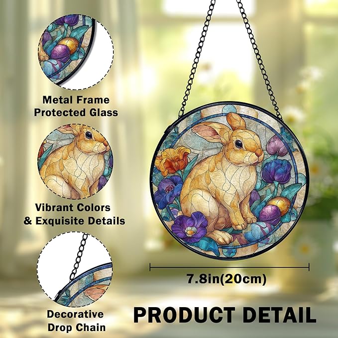 Easter Bunny Suncatcher Stained Glass Window Hanging, Bunny Rabbit Flower Sun Catchers Indoor Window Glass Wall Art Decor, Easter Wall Hanging Decor Decorations, 7.9x7.9 Inch