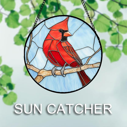 Stained Glass Window Hanging Cardinal Birds 9.8" - Suncatcher Door Garden Sun Catcher Home Decor Christmas Birthday for Bird Lovers Woman Her Nana Wife Men Mom
