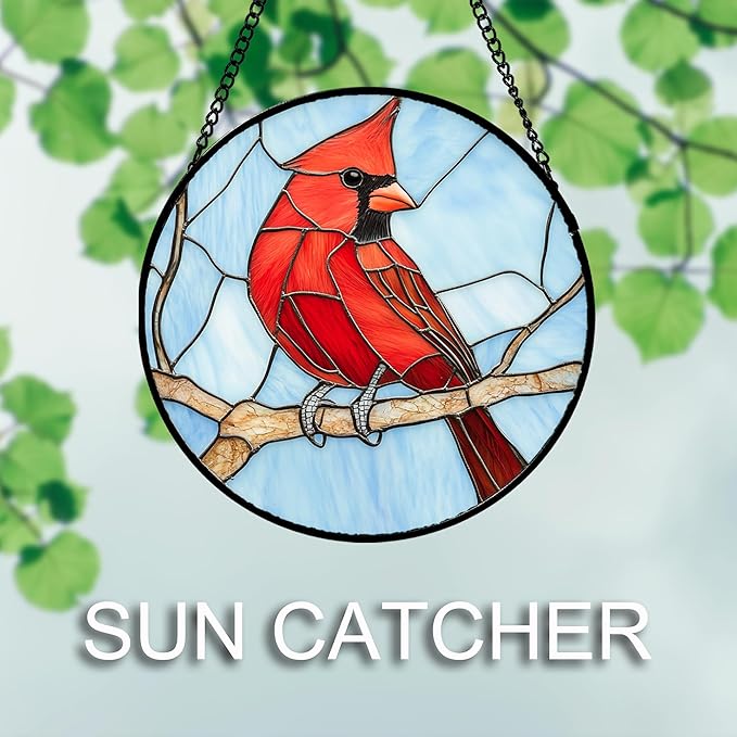 Stained Glass Window Hanging Cardinal Birds Large 11.8" - Suncatcher Door Garden Sun Catcher Home Decor Christmas Birthday for Bird Lovers Woman Her Nana Wife Men Mom