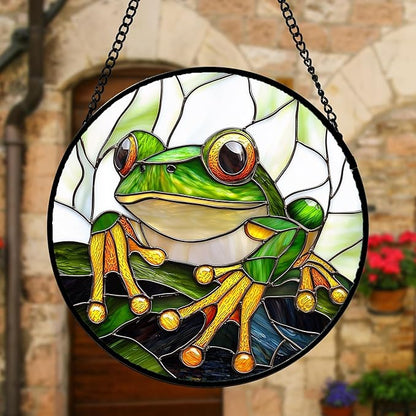 DASTOLL Stained Glass Window Hanging, Green Frog White Petals Sun Catchers Colorful Glass Panel Cute Suncatcher Decor for Birthday for Women, Men, Wife, Aunt, and Mom 9.8 in