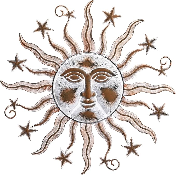 TICKCACY Metal Sun Wall Art Sculpture Decor, 23.8” Vintage Sun and Star Wall Hanging Decoration for Indoor Outdoor Living Room Farmhouse Yard Garden Patio