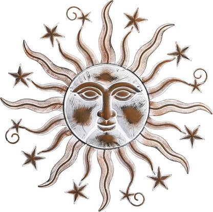 TICKCACY Metal Sun Wall Art Sculpture Decor, 23.8” Vintage Sun and Star Wall Hanging Decoration for Indoor Outdoor Living Room Farmhouse Yard Garden Patio