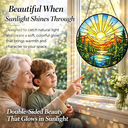 Mountain Sunrise Suncatcher Window Hanging, 7.8" Stained Glass Decor, Nature Gift for Family, Friends and Loved Ones, Scenic Mountain Home Decor for Window, Sunroom, Living Room and Garden