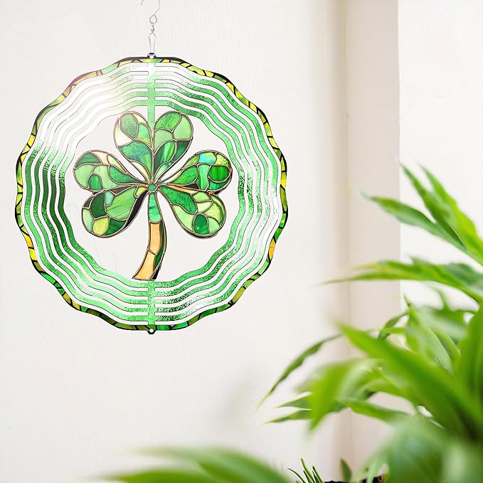St. Patricks Day Wind Spinner-Outdoor Hanging Decorations Green Clover Shamrock Wind Spinners for Yard and Garden Stainless Steel Windspinners for Outside Hanging Ornament Gifts for Friends Neighbors