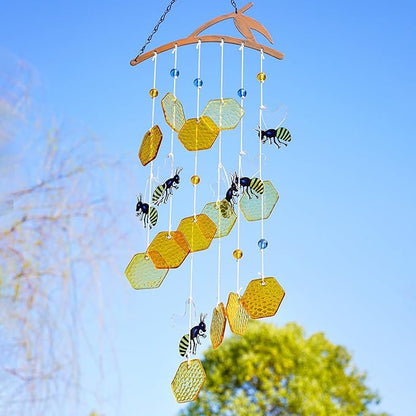 YU FENG 20" Bee Wind Chime for Outside Honeycomb Bees Decorative Hanging Suncatcher for Garden Patio Yard Ornament for Christmas Tree