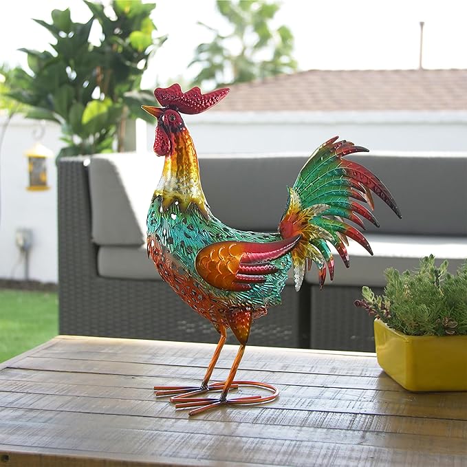 Alpine Corporation 16" Tall Outdoor Metal Standing Rooster Statue with Vibrant Design, Garden Decor, Metallic Red