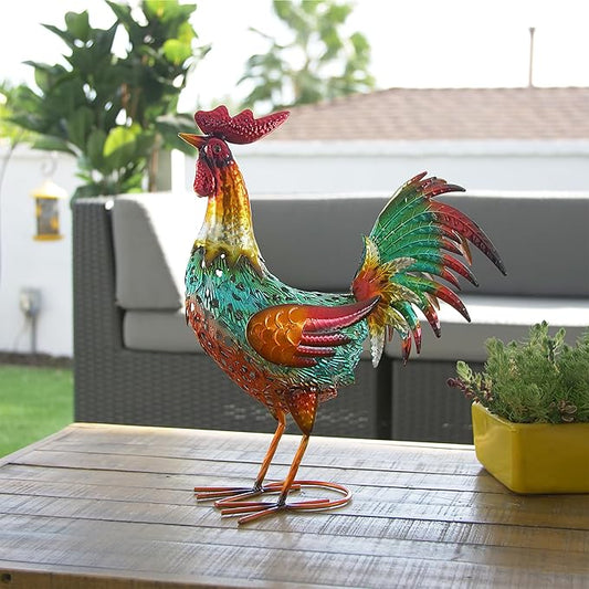 Alpine Corporation 16" Tall Outdoor Metal Standing Rooster Statue with Vibrant Design, Garden Decor, Metallic Red
