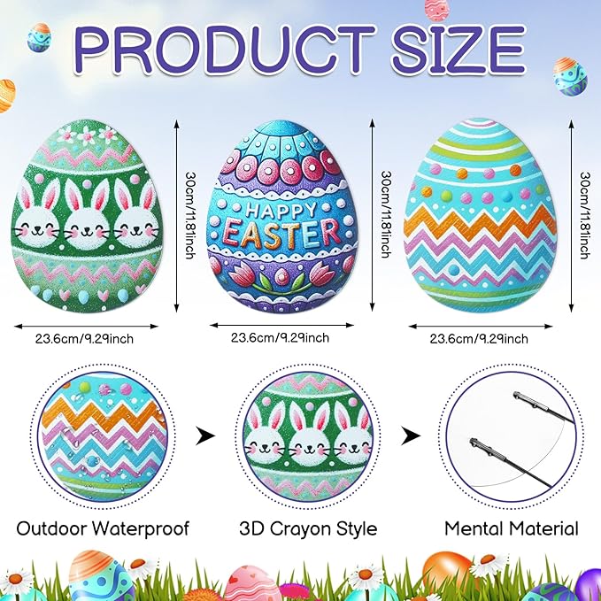 DoubleFill 3 Pcs Easter Decorations Outdoor 3D Metal Easter Eggs Yard Signs Decorative Garden Stakes Eggs Bunny Lawn Decorations Yard Decor for Spring Ornament Lawn Pathway Garden(Crayon Style)