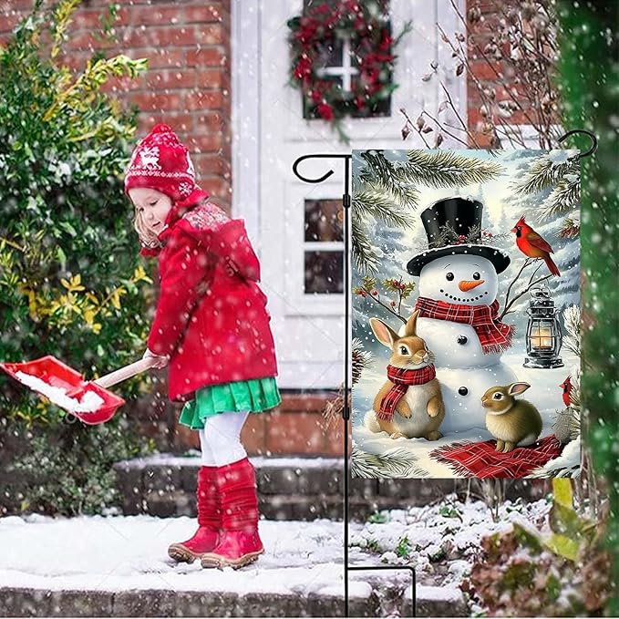 Winter Garden Flags 12x18 Double Sided, Small Burlap Outdoor Holiday Farmhouse Rustic Snowman Bunny Xmas Garden Flag Christmas Decorations Yard Lawn Porch Flags for Outside Decor