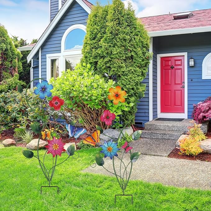 YEAHOME Garden Decor for Outside, 2 Pack 37“ Metal Butterfly Garden Stakes, Spring Wall Decor, Colorful Look & Personalities Flowers Yard Art for Outdoor Lawn Backyard Porch Patio Home Decorations