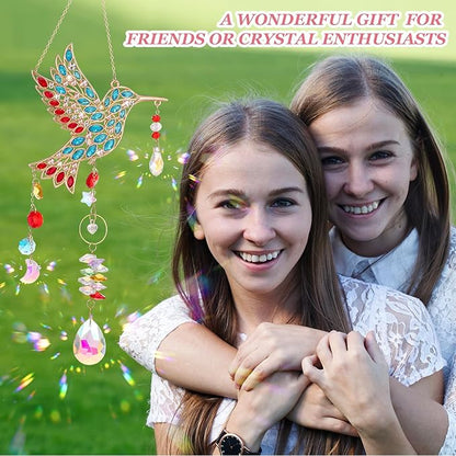 Hummingbird Gifts for Mom Grandma, Crystal Sun Catcher Hanging Indoor Window, Mothers Day Birthday Valentines Day Gifts for Women Bird Lovers, Love Pendant Home Decorations Garden Outdoor (Gold)