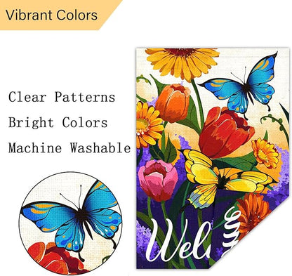 Louise Maelys Welcome Spring Floral Garden Flag 12x18 Double Sided, Burlap Small Vertical Summer Butterfly for Yard Seasonal Outside Outdoor House Decoration
