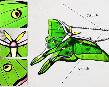 Luna Moth Stained Glass Window Hanging - Handmade Real Glass Suncatcher - Elegant Green Moon Moth Butterfly Light Catcher Gifts for Mother, Women, Grandma (Gifts-Box provided)