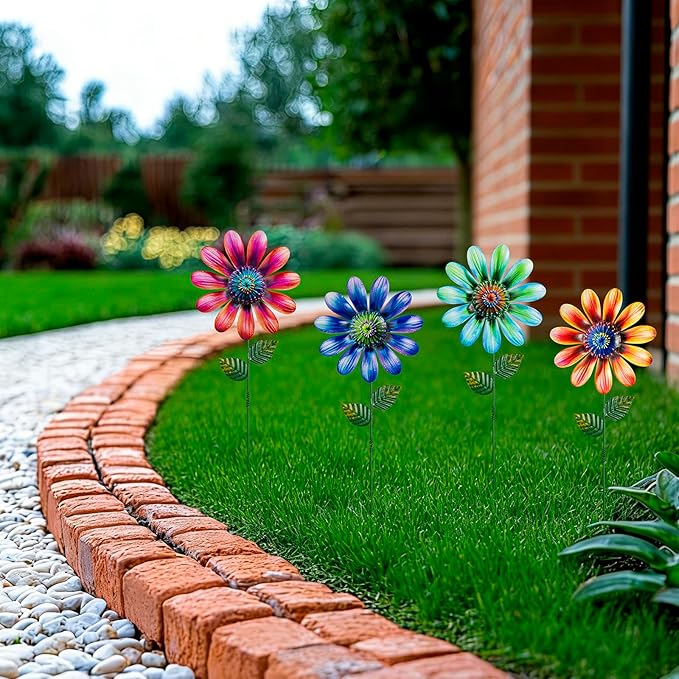 Metal Flowers Garden Stakes Outdoor Decor, 18 inch Shaking Flower Garden Yard Art, Weather Proof Flower Stakes for Yard Lawn Porch Pathway Patio Plant Pot Decorations, 4 Pack (Flower-b-Head)