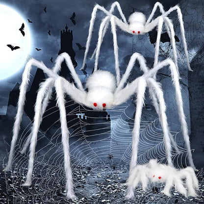FOIMAS 3pcs Halloween Realistic Hairy Spider,Large White Scary Spiders Prop for Lawn Yard Wall Indoor Outdoor Halloween Party Decoration,59",35",12"