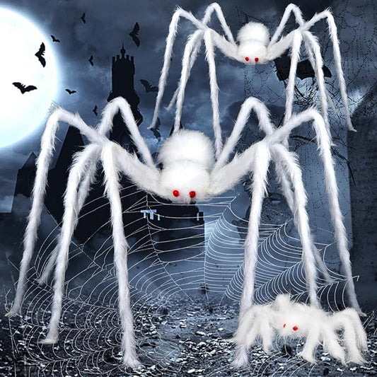 FOIMAS 3pcs Halloween Realistic Hairy Spider,Large White Scary Spiders Prop for Lawn Yard Wall Indoor Outdoor Halloween Party Decoration,59",35",12"
