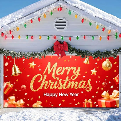 IVN Christmas Garage Door Cover Decoration 13x6ft Sparkling Gold Lettering Confetti Bells and Gifts Merry Christmas Winter Garage Door Banner Home Door Front Yard Decor for Xmas Eve Holiday Outdoor