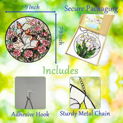 Double Sided Stained Glass Window Hanging, 7.9" Sun Catcher Panel, Green Plant Wall Art for Home & Garden, Unique Gift for Women & Men (Cats in Roses, 7.9 Inch)