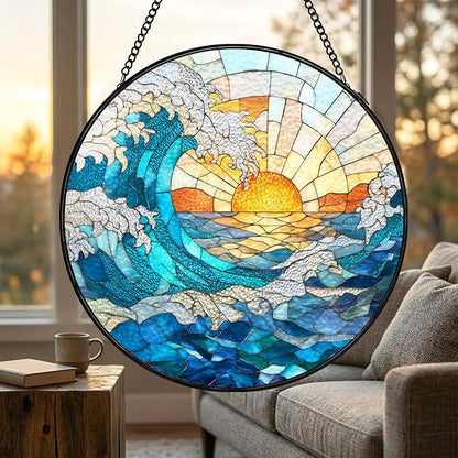 Stained Glass Sun Catcher Window Hanging - Blue Wave and Sunlight Design, Well Made Indoor Home Decor for Mother's Day, Birthday, Christmas for Women, Men, Mom (Blue Wave) 7.8in