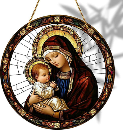 8x8 inch Charming Madonna and Child Acrylic Stained Glass Window Hanging Sun Catcher Decor Stained Panel Hangings Wall Art Decor, for Friends and Family (Madonna and Child)