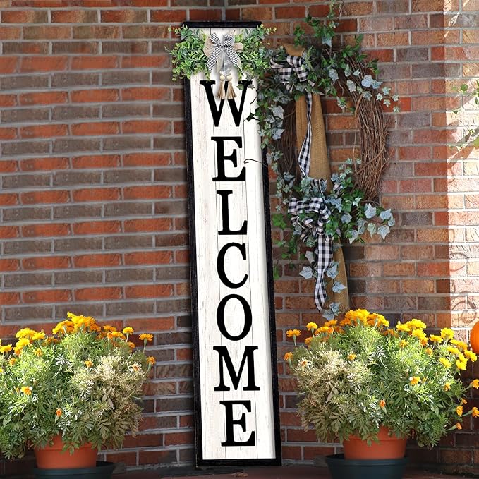flowtorely Outdoor Welcome Sign for Front Porch Standing 45"×9" Tall Wood Frame Vertical Leaner farmhouse Outside Rustic Large Welcome Sign for Front Door Home Decorations (Black)
