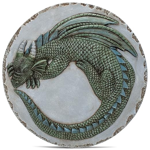 NAT & Jules Animal Character Dimensional Indoor Outdoor 12 inch Round Cast Resin Decorative Garden Stepping Stone, Patio, Walkway Sculpture Yard Art, Green Dragon