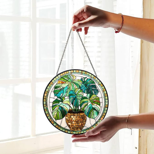 7.8" Green Plant Suncatcher Stained Glass Window Hanging Monstera Plants Sun Catchers Nature Ornaments Wall Art Garden Home Room Yard Door Decor Birthday for Women Mom