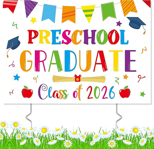 Preschool Grad Yard Sign - Class of 2026 Kindergarten Graduate Lawn Sign with Stake School Congrats Graduation Decorations Colorful Graduation Party Favors Supplies Outdoor Photo Booth Props for Kids