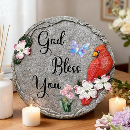 God Bless You-Resin Stepping Stone,Outdoor Garden Pathway Decoration,Round Red Hummingbird Decorative Stone for Garden,Walkway Sculpture Yard Art for Patio,Home Decor