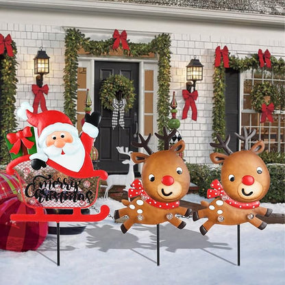 Christmas Yard Stakes Light Up Christmas Outdoor Decorations with LED Santa Claus Reindeers in Sleigh Lighted Metal Yard Stakes Xmas Garden Stake Lawn Pathway Outdoor Decoration