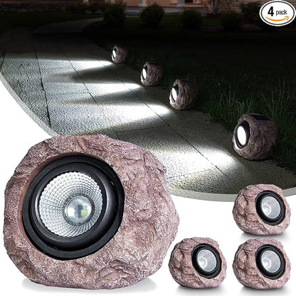 Solar Rock Lights Outdoor Waterproof - [4 Pack] Realistic Stone Solar Powered Garden Lights, LED Decorative Landscape Lighting for Pathway, Yard, Walkway, Lawn, Rockery, Warm White